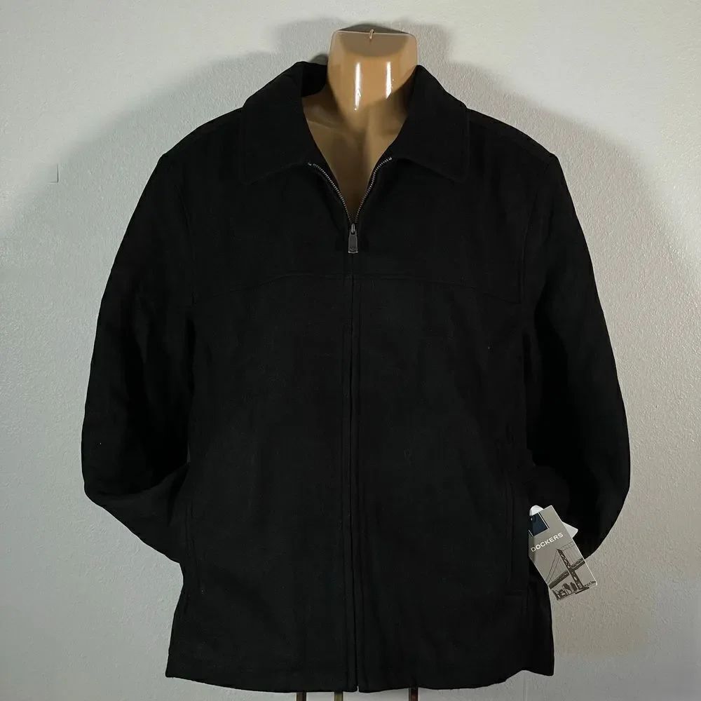 NWT Dockers XL Black Wool Blend Quilted Interior Full Zip Coat / Jacket